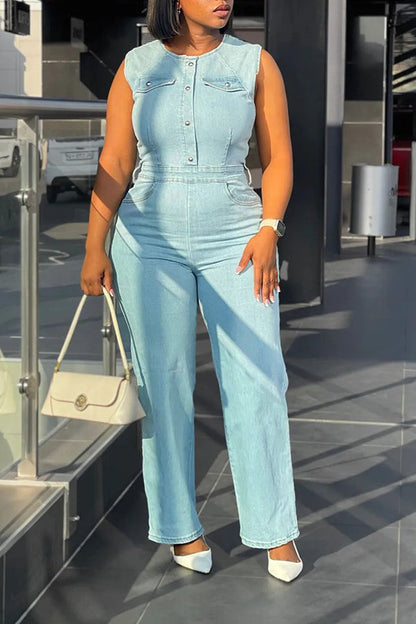 Casual Round Neck Denim Jumpsuit