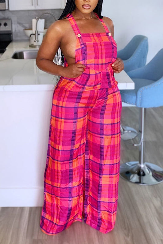 Casual Plaid Printed Wide Leg Overalls