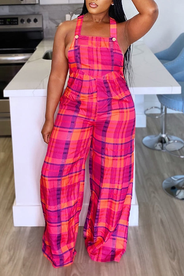 Casual Plaid Printed Wide Leg Overalls