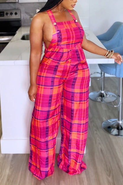 Casual Plaid Printed Wide Leg Overalls