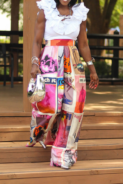 Fashionable Poster Print Wide Leg Pants