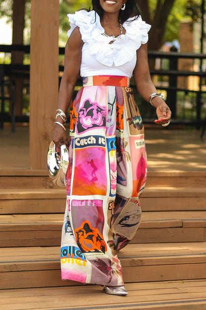 Fashionable Poster Print Wide Leg Pants