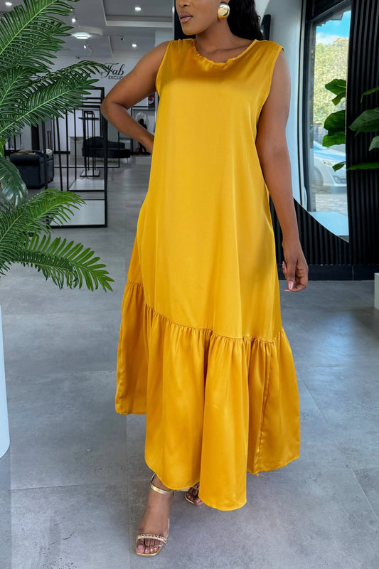 Comfortable Ruffle Hem Satin Sleeveless Maxi Dress