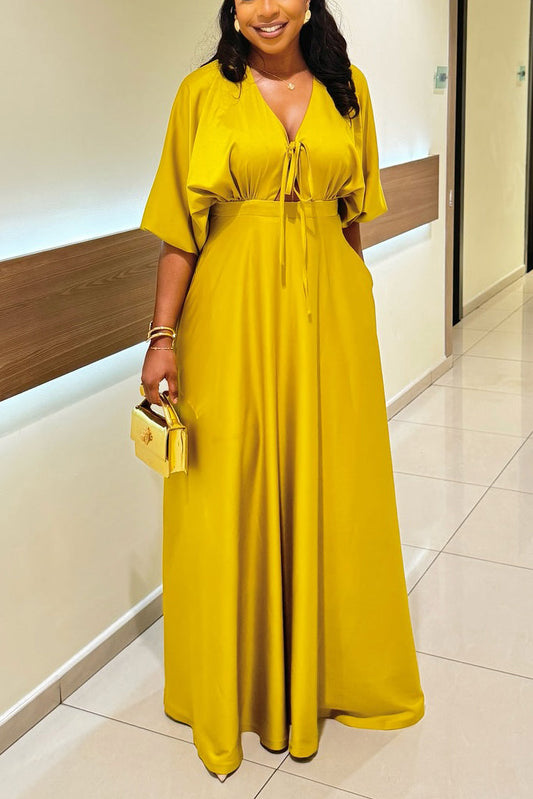 Luxury Deep V-neck Tie Bust Satin Maxi Dress