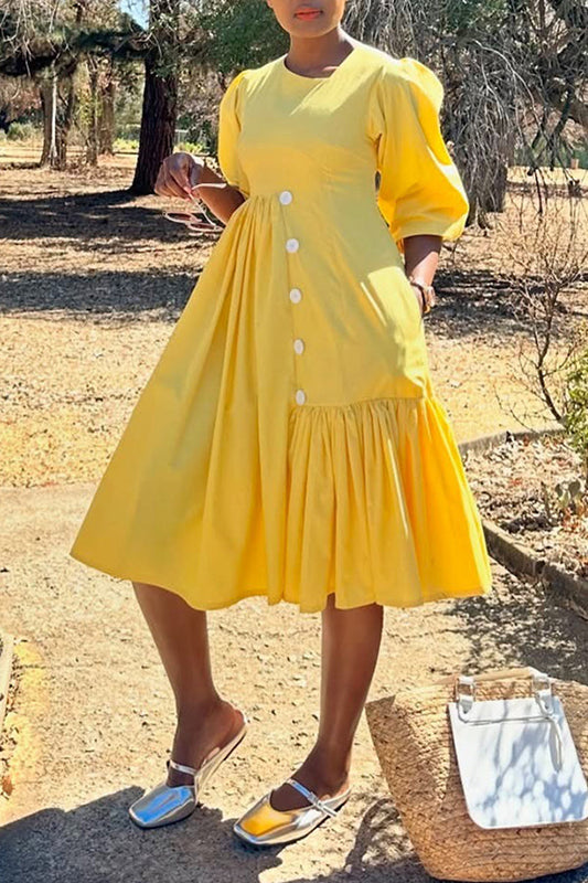 Stylish Puff Sleeve Ruffle Patchwork Dress