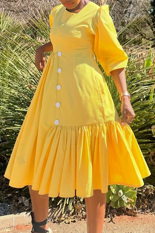 Stylish Puff Sleeve Ruffle Patchwork Dress