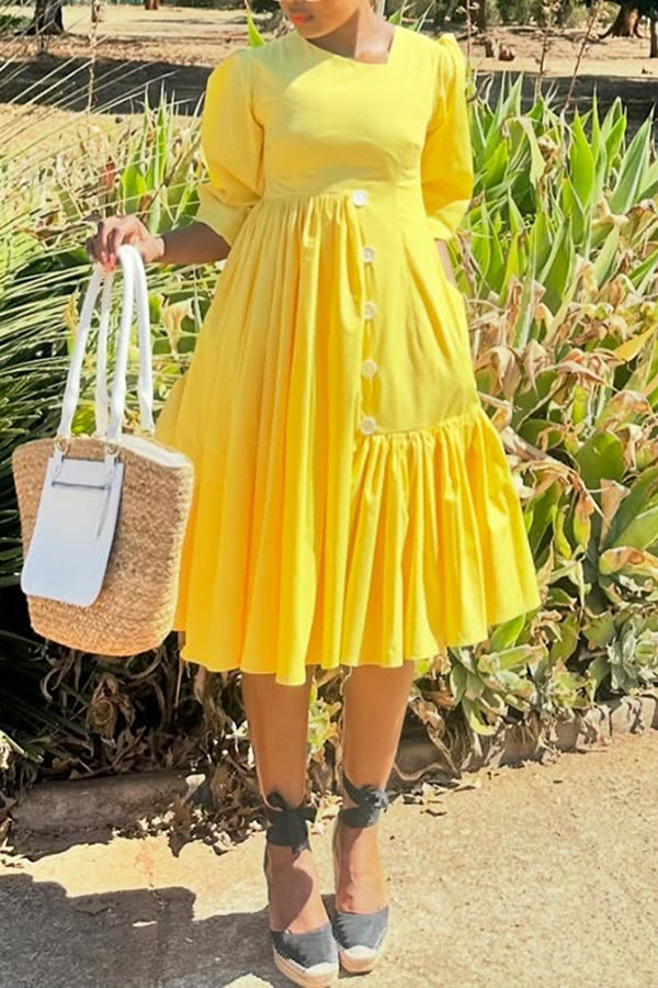 Stylish Puff Sleeve Ruffle Patchwork Dress