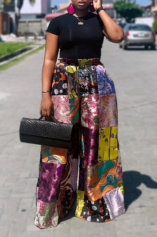Retro High Waist Printed Wide Leg Pants