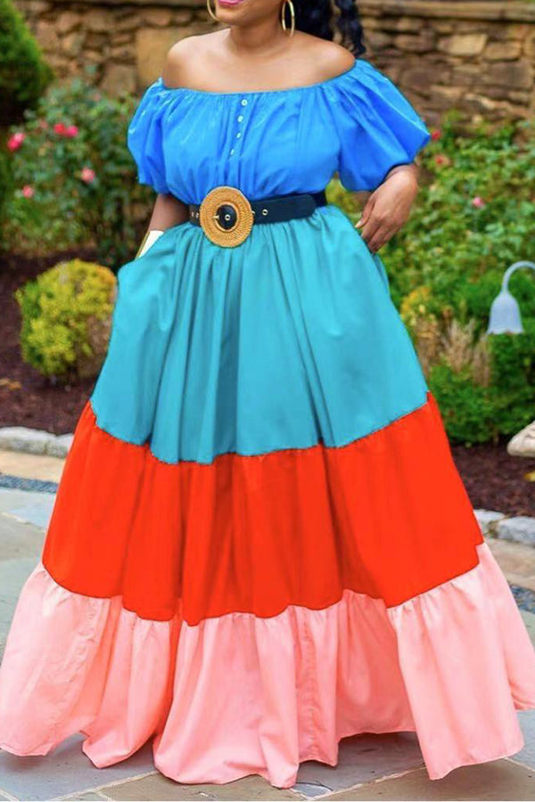 Off Shoulder Ruffle Hem Colorblock Dress