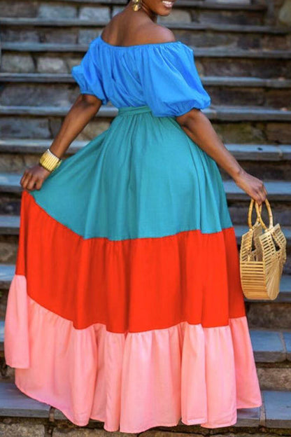 Off Shoulder Ruffle Hem Colorblock Dress