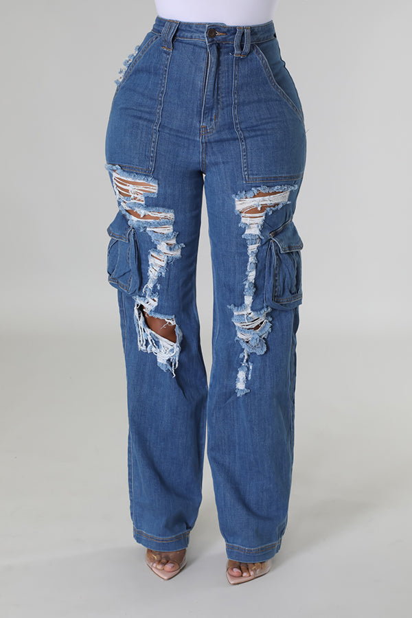 Stylish Solid Flap Pocket Ripped Jeans