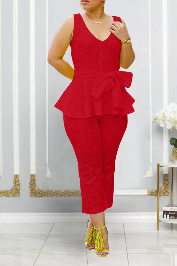 Stylish Belt Pleated Trim Top & Pants Set