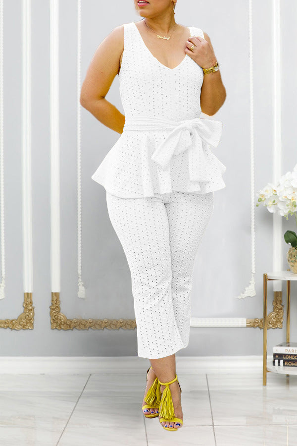 Stylish Belt Pleated Trim Top & Pants Set