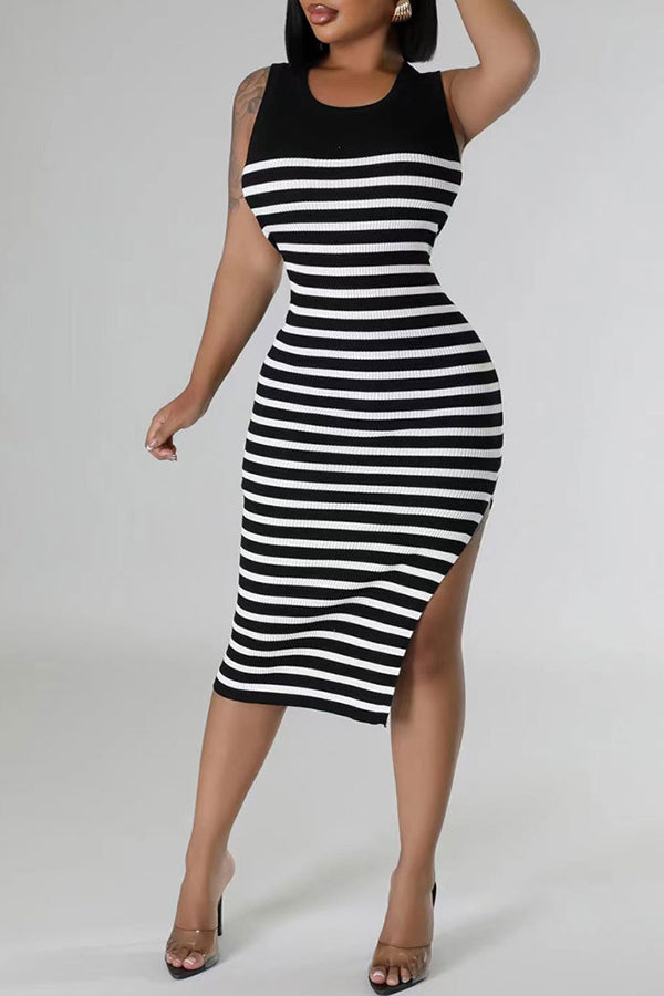 Stylish Striped Round Neck Midi Dress