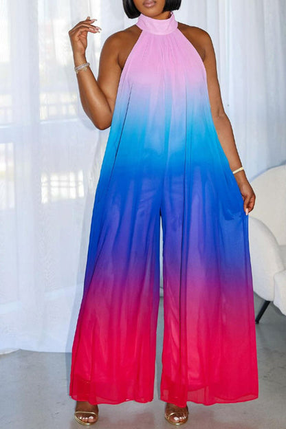 Vacation Sleeveless Halter Gradient Loose Jumpsuit