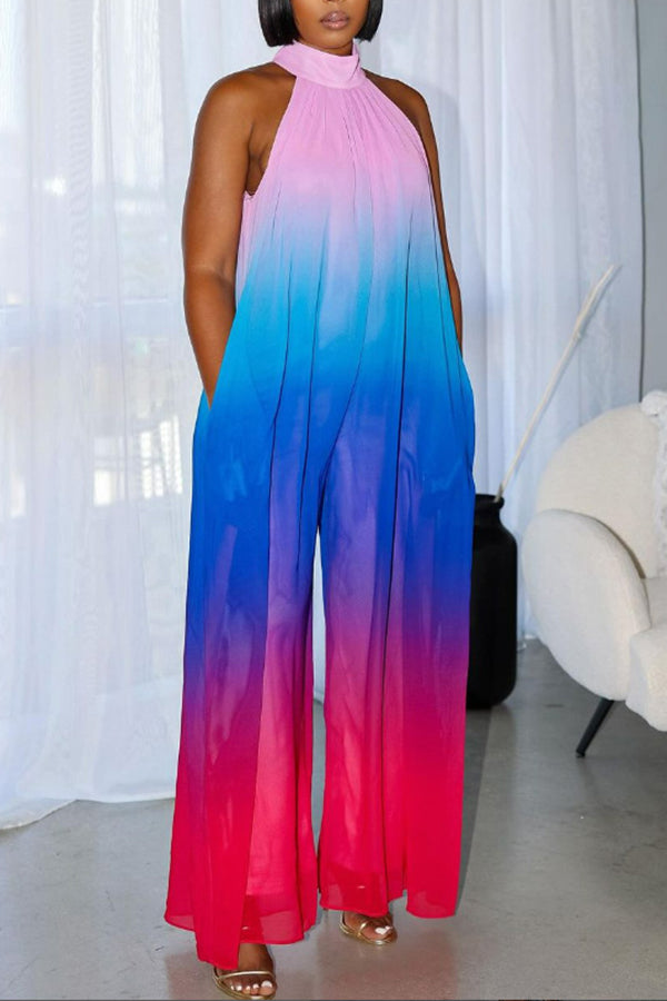 Vacation Sleeveless Halter Gradient Loose Jumpsuit