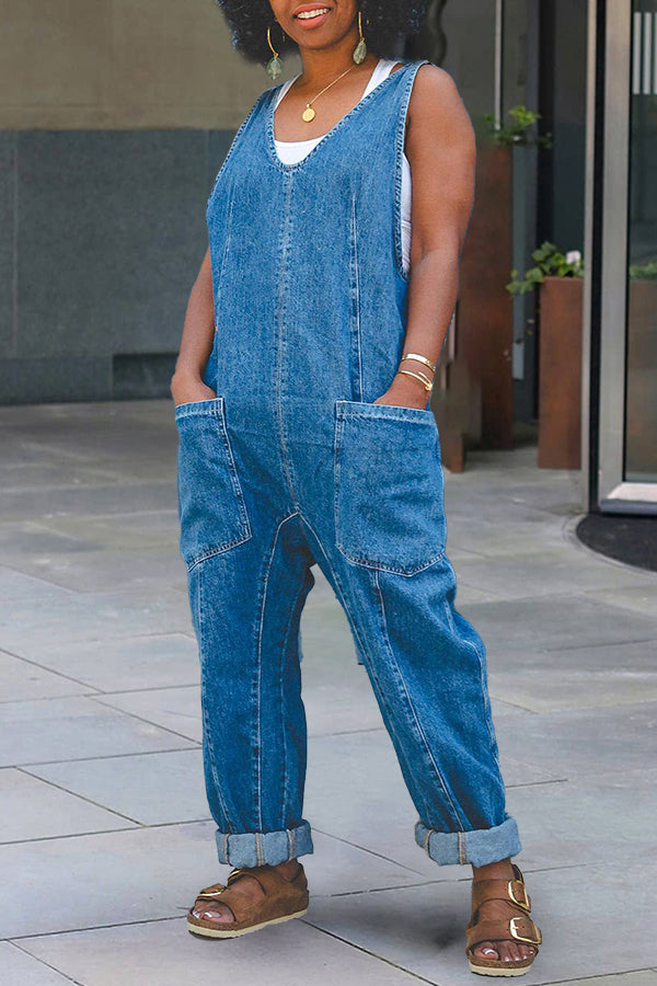 Stylish Patched Pocket Denim Jumpsuit