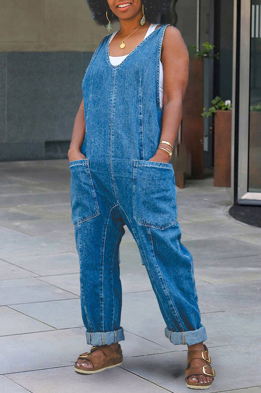 Stylish Patched Pocket Denim Jumpsuit