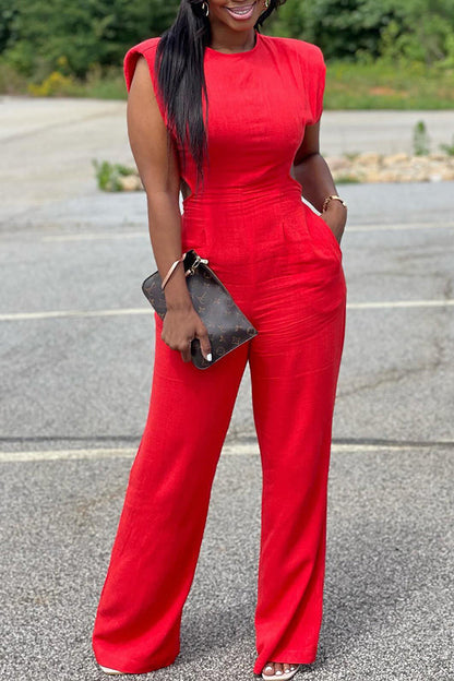 Casual And Fashion Round Neck Shoulder Jumpsuit