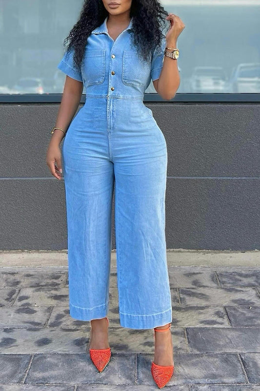 Casual Short Sleeve Button Front Denim Jumspuit