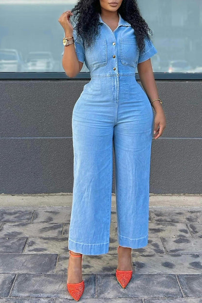 Casual Short Sleeve Button Front Denim Jumspuit