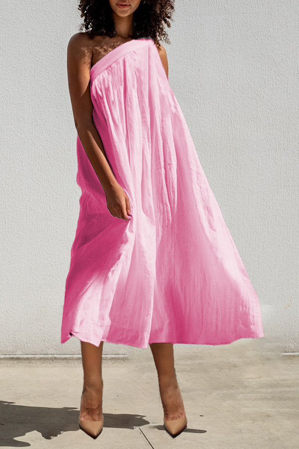 Summer Cozy One Shoulder Pleated Slant Pocket Midi Dress