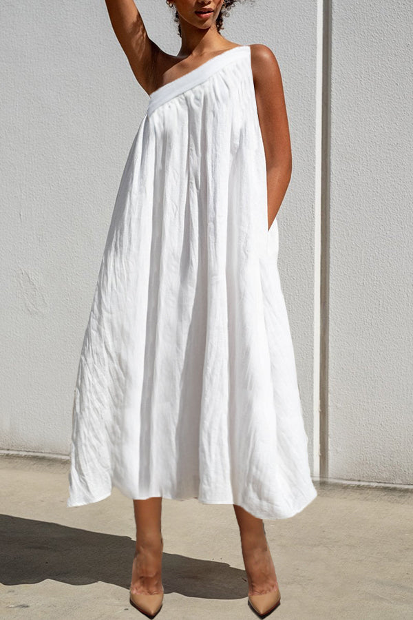 Summer Cozy One Shoulder Pleated Slant Pocket Midi Dress