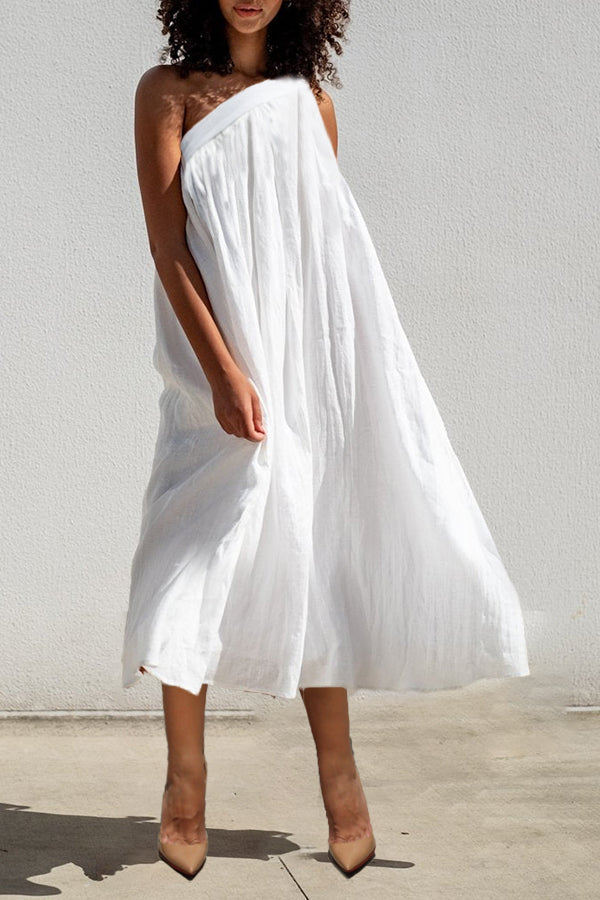 Summer Cozy One Shoulder Pleated Slant Pocket Midi Dress