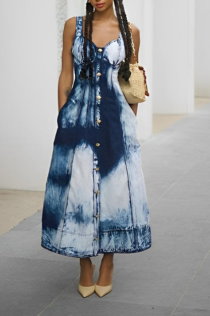 Stylish Denim Single Breasted Cotton Midi Dress