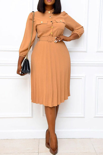 Stand Collar Button Pleated Belt Dress