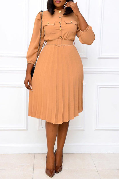 Stand Collar Button Pleated Belt Dress