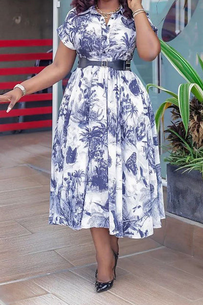 Vintage Short Sleeve Printed Pleated Dress