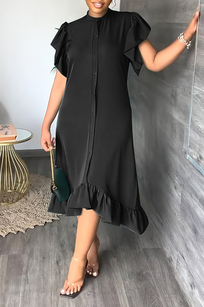 Ruffle Solid Color Casual Midi Dress