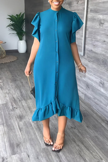 Ruffle Solid Color Casual Midi Dress