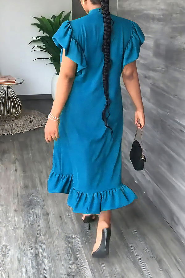 Ruffle Solid Color Casual Midi Dress