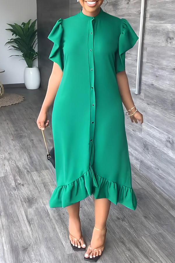 Ruffle Solid Color Casual Midi Dress