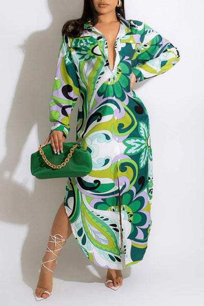 Allover Print Stylish Lapel Shirtdress