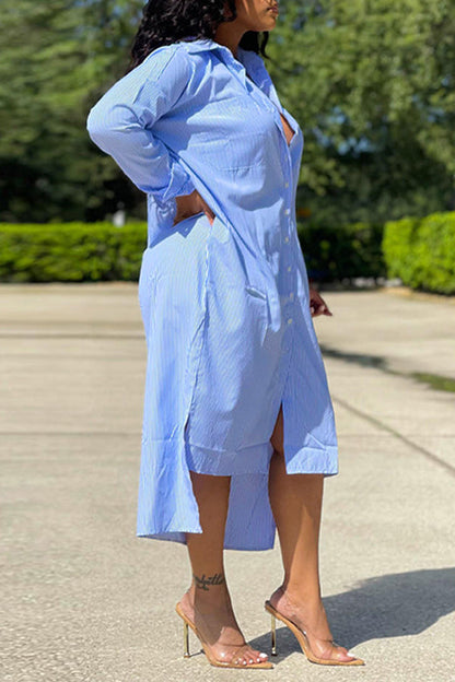 Striped High Low Split Hem Shirt Dress