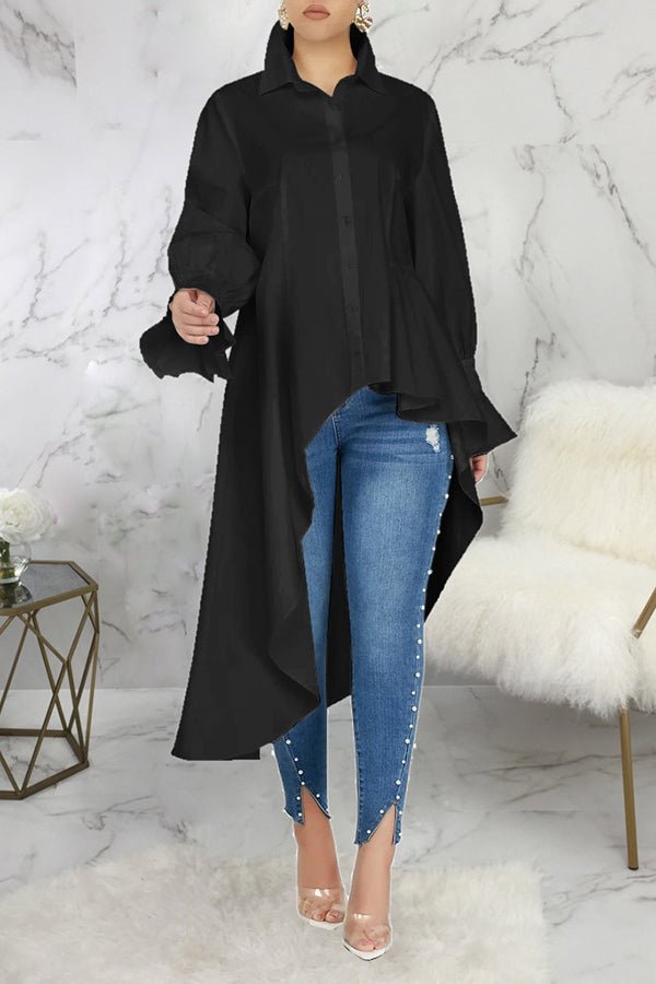 Chic Gathered Sleeve High Low Shirt