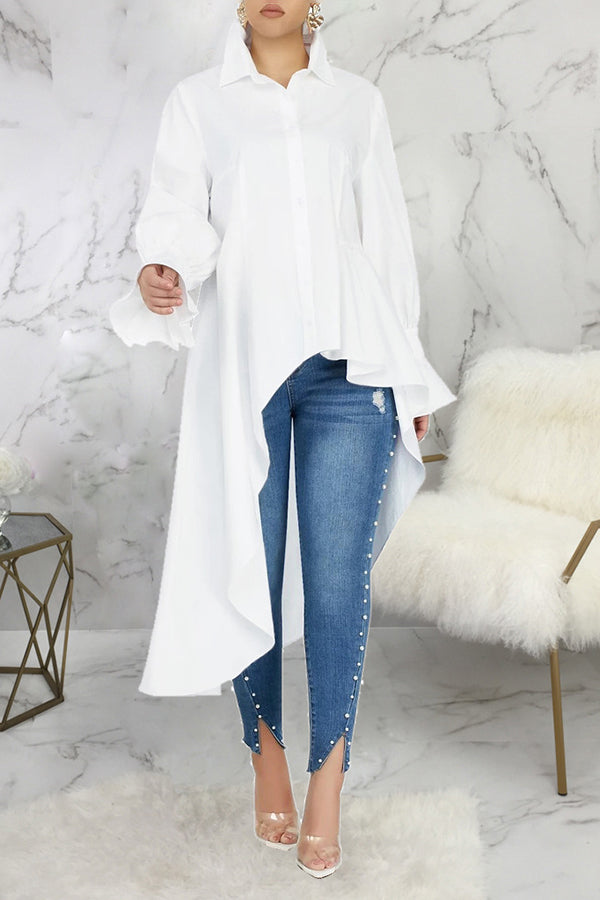 Chic Gathered Sleeve High Low Shirt