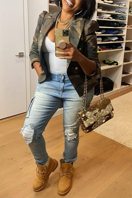 Camo Print Puff Sleeve Crop Blazer