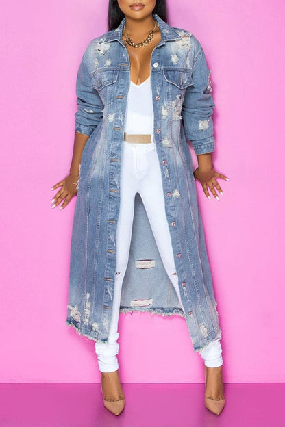 Casual Ripped Long Denim Jacket