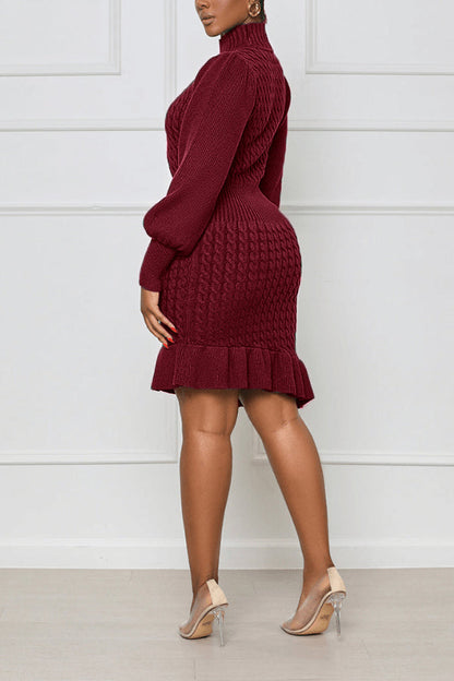 Classy Cozy Cable Knit Ruffle Hem Dress