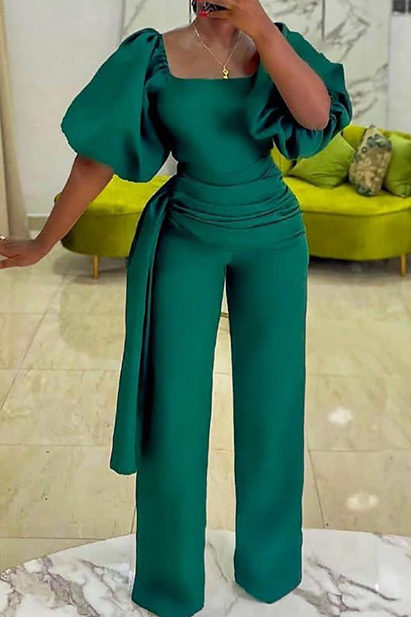 Lantern Sleeve Straight Leg Jumpsuit