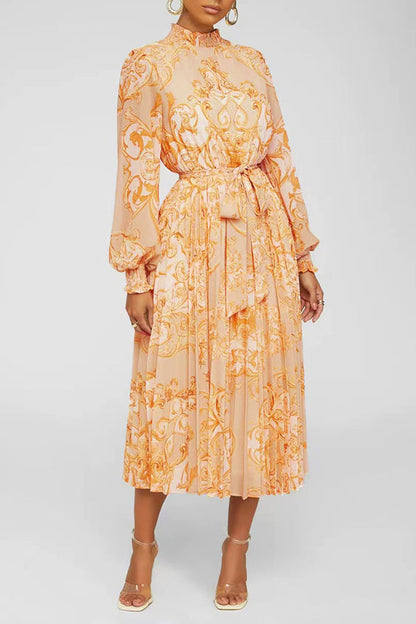 Lantern Sleeve Pleated Midi Dress