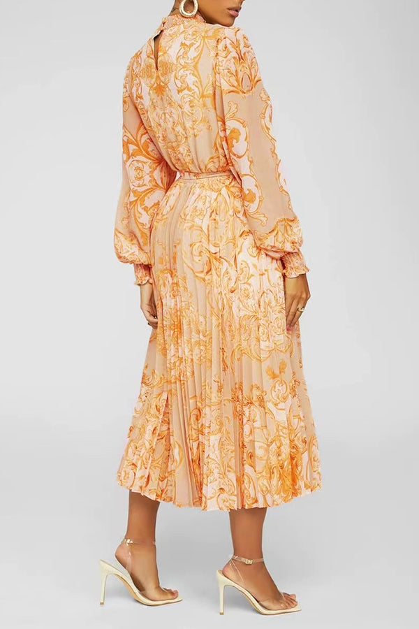 Lantern Sleeve Pleated Midi Dress