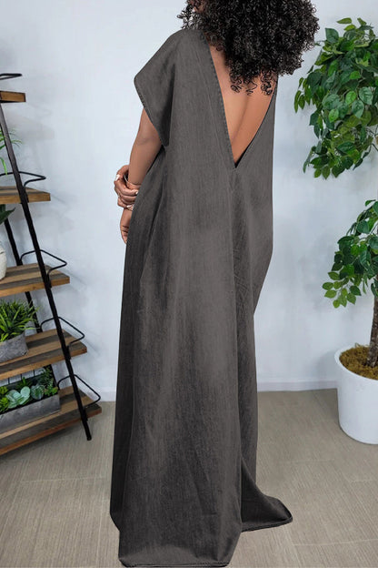 Vintage V-Cut Back Denim Maxi Dress