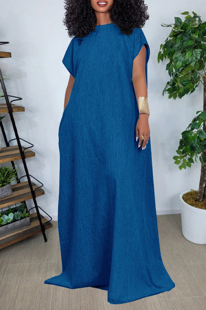 Vintage V-Cut Back Denim Maxi Dress