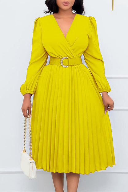 Chic Lantern Sleeve Pleated Wrap Dress