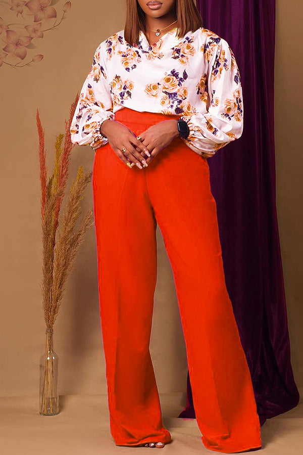 Flower Print Cowl Neck Blouse & Wide Leg Pants Set